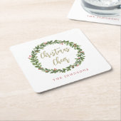 Christmas Cheer Wreath Gold Script Personalized Vierkante Kartonnen Onderzetter (Schuin)