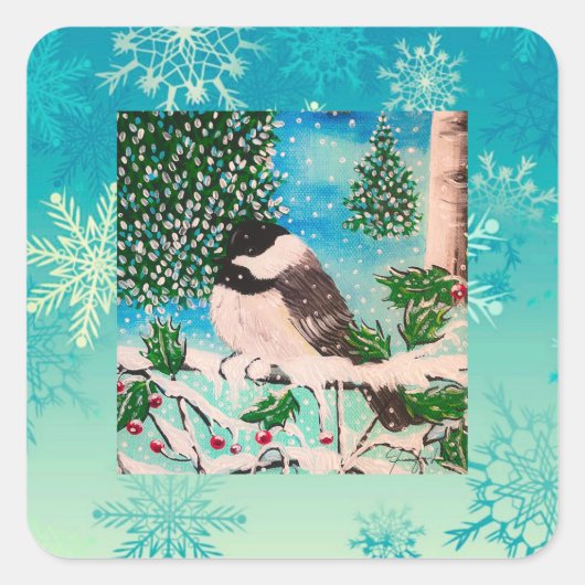 Christmas Chickadee Chatter Bord Vierkante Sticker (Voorkant)