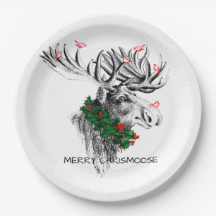 Christmas Chrismoose Moose Birds Holly Paper Plate Papieren Bordje