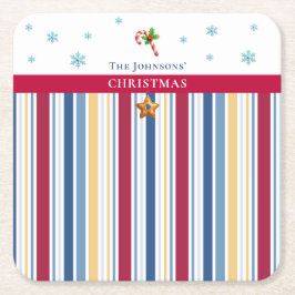 Christmas Coasters – Blue, Red & Gold Stripes Vierkante Kartonnen Onderzetter