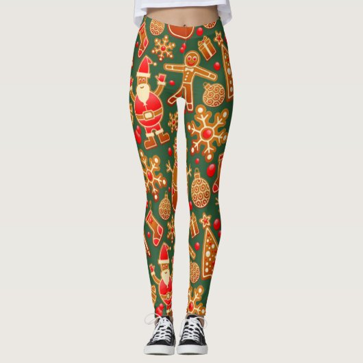 Christmas Cookie Fun Holiday Items on Green Leggings (Voorkant)