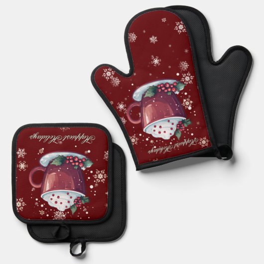 Christmas Cup of Hot Chocolate | Red Ovenwant & Pannenlap Set (Voorkant / Achterkant)