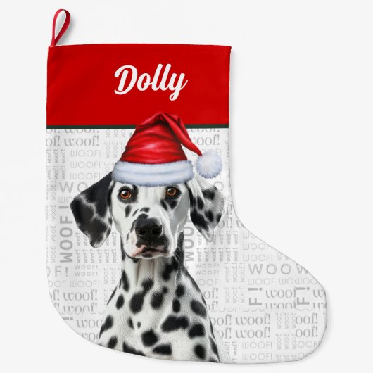 Christmas Dalmatian Dog with Name Woof Background Grote Kerstsok (Voorkant)