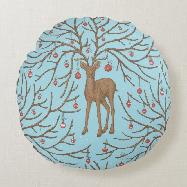 Christmas deer on blue rond kussen (Voorkant)
