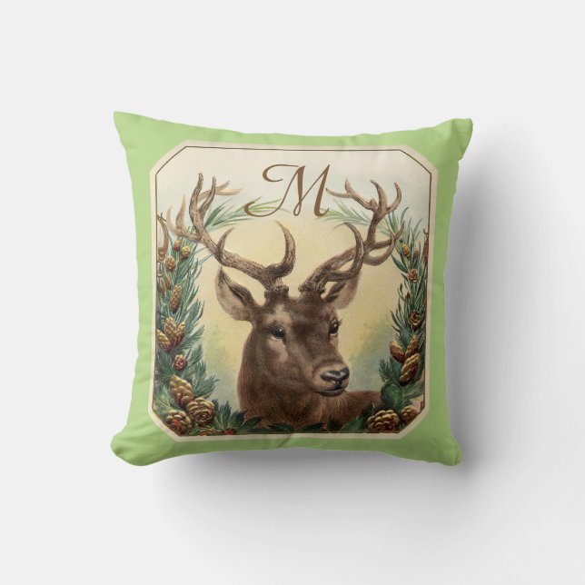 CHRISTMAS DEER, PINE CONE CROWN MONOGRAM Mint Gree Kussen (Voorkant)