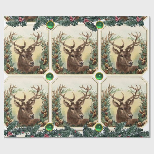 CHRISTMAS DEER, PINE CONES CROWN, GROENE GEMSTONES CADEAUPAPIER (Vlak)