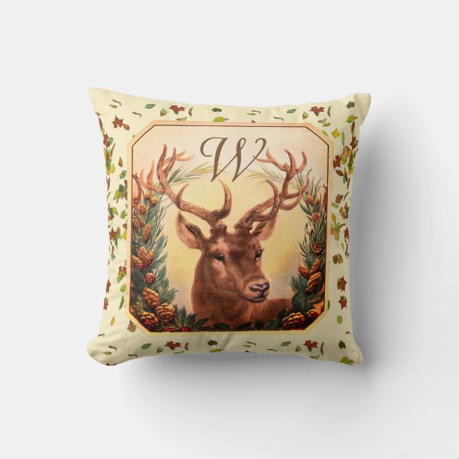 CHRISTMAS DEER, PINE CONES CROWN MONOGRAM CROOM KUSSEN (Voorkant)