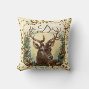CHRISTMAS DEER, PINE CONES CROWN MONOGRAM Ivory Kussen