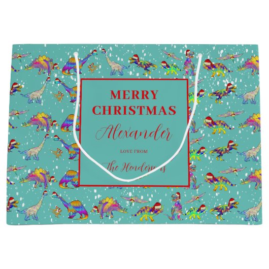Christmas Dinosaurus Pattern Naam toevoegen Groot Cadeauzakje (Voorkant)
