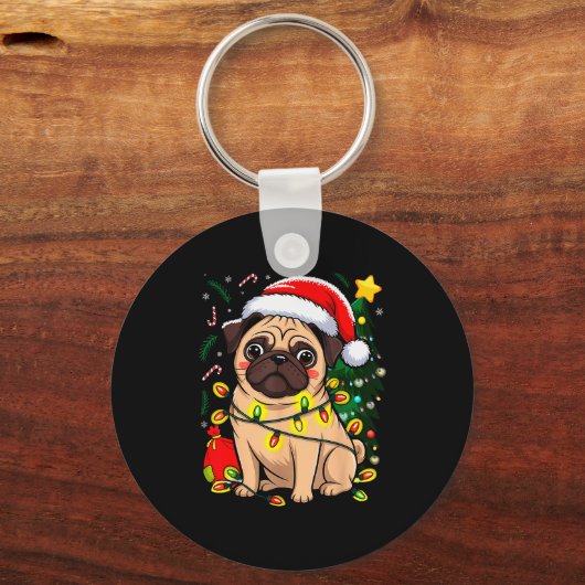 Christmas Dog Santa Clause Pug Puppy X-mas  Sleutelhanger (Voorkant)