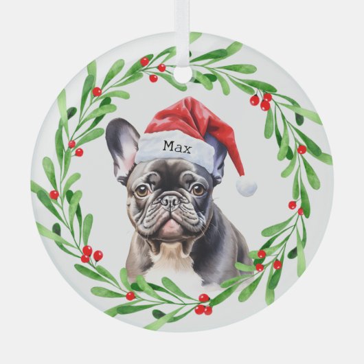 Christmas Dog Zwart Frenchie Frans Bulldog Santa Glas Ornament (Voorkant)