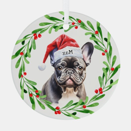 Christmas Dog Zwart Frenchie Frans Bulldog Santa Glas Ornament (Achterkant)