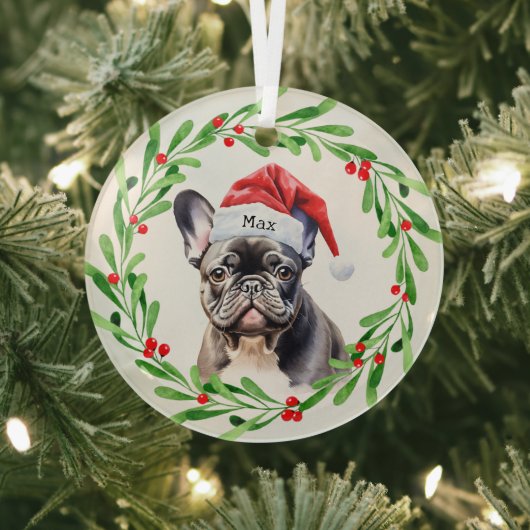 Christmas Dog Zwart Frenchie Frans Bulldog Santa Glas Ornament (Insitu)