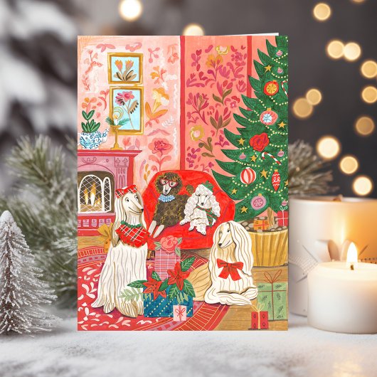 Christmas Dogs Afghan Hound Hand drawn Feestdagen Kaart