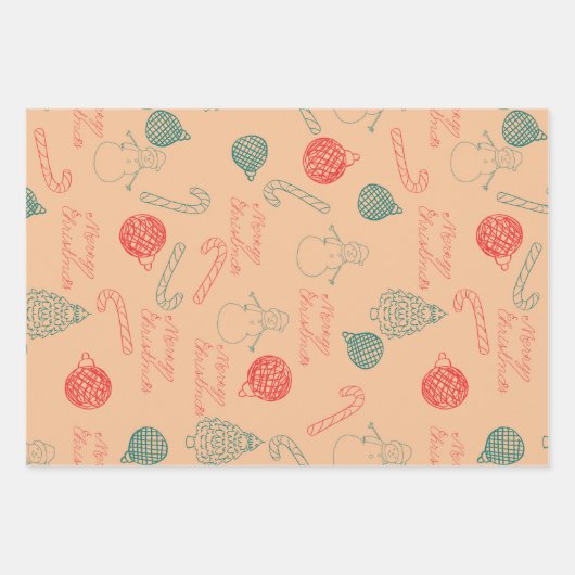 Christmas Doodle Pattern | Snowmen, Trees & Candy Inpakpapier Vel (Voorkant 2)