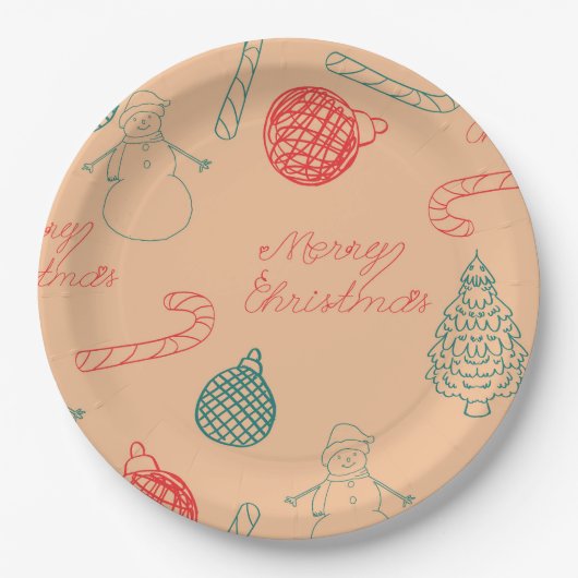Christmas Doodle Pattern | Snowmen, Trees & Candy Papieren Bordje (Voorkant)