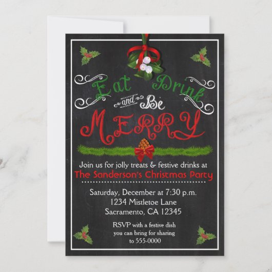 Christmas Eat Drink Vintage Chalkboard Invitation (Devant)