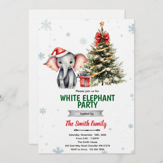 Christmas Elephant Party Invitation Kaart (Voorkant / Achterkant)