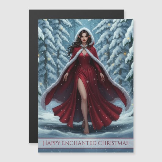 Christmas Elf in Red in Winter Forest Magnet Card (Voorkant / Achterkant)