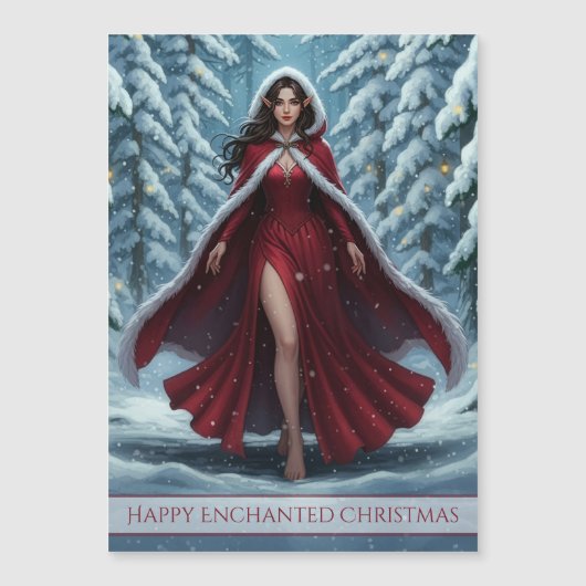 Christmas Elf in Red in Winter Forest Magnet Card (Voorkant)