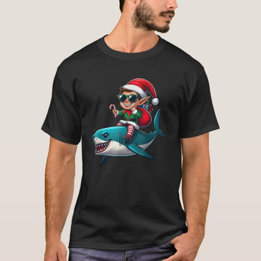 Christmas Elf Riding Shark Sunglasses Santa Hat Ca T-shirt (Voorkant)