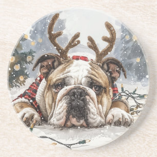 Christmas English Bulldog Reindeer Zandsteen Onderzetter
