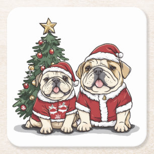 Christmas English Bulldog Santa Hats Vierkante Kartonnen Onderzetter