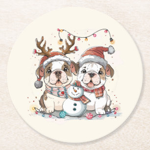 Christmas English Bulldogs Ronde Kartonnen Onderzetter