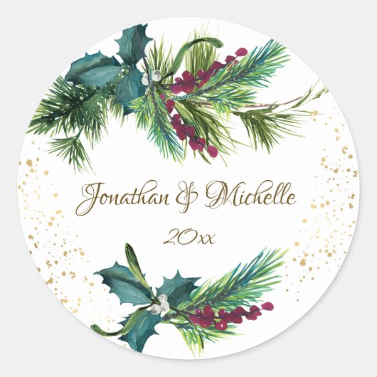 Christmas Evergreen Red Berry Winter Wedding Ronde Sticker (Voorkant)