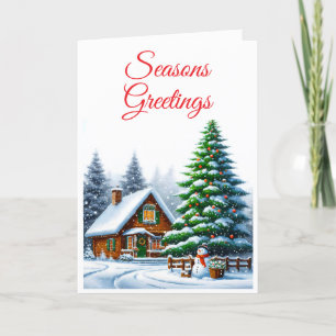 Christmas Evergreen Snowy Log Cabin Wenskaart Feestdagen Kaart