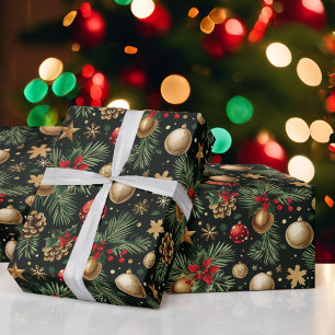 Christmas Evergreen Tree Ornamenten Red Gold Cadeaupapier