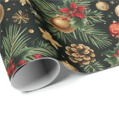 Christmas Evergreen Tree Ornamenten Red Gold Cadeaupapier (Rol Hoek)