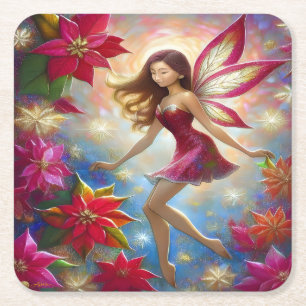 Christmas Fairy Collectie - Roodbruin haar Vierkante Kartonnen Onderzetter