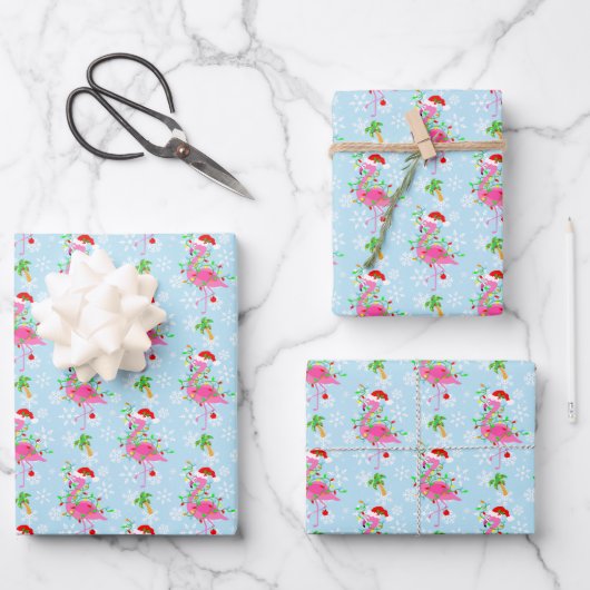 Christmas Flamingo Pattern Blue Inpakpapier Vel (Voorkant)