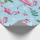 Christmas flamingos and holly on blue pattern cadeaupapier (Hoek)