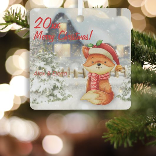 Christmas Fox House Metal Square Ornament