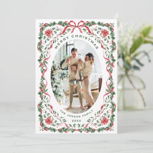 Christmas Funky Whimsical Red Bow Wreath 2 Photo Feestdagenkaart (Staand voorkant)