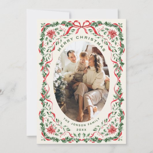 Christmas Funky Whimsical Red Bow Wreath 2 Photo Feestdagenkaart (Voorkant)