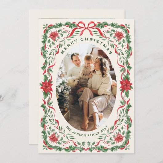 Christmas Funky Whimsical Red Bow Wreath 2 Photo Feestdagenkaart (Voorkant / Achterkant)