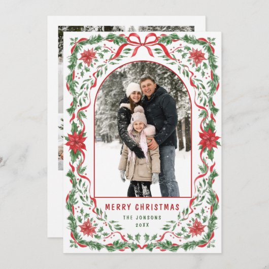 Christmas Funky Whimsical Red Bow Wreath 5 Photo Feestdagenkaart (Voorkant / Achterkant)