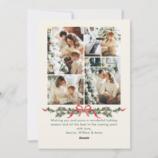 Christmas Funky Whimsical Red Bow Wreath 5 Photo Feestdagenkaart (Achterkant)