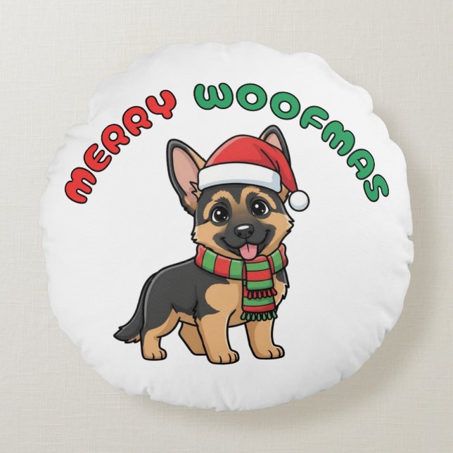 Christmas German Shepherd: Merry Woofmas Rond Kussen (Voorkant)