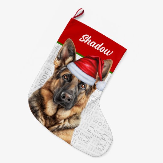 Christmas German Shepherd with Dog's Name Grote Kerstsok (Voorkant (Hangend))