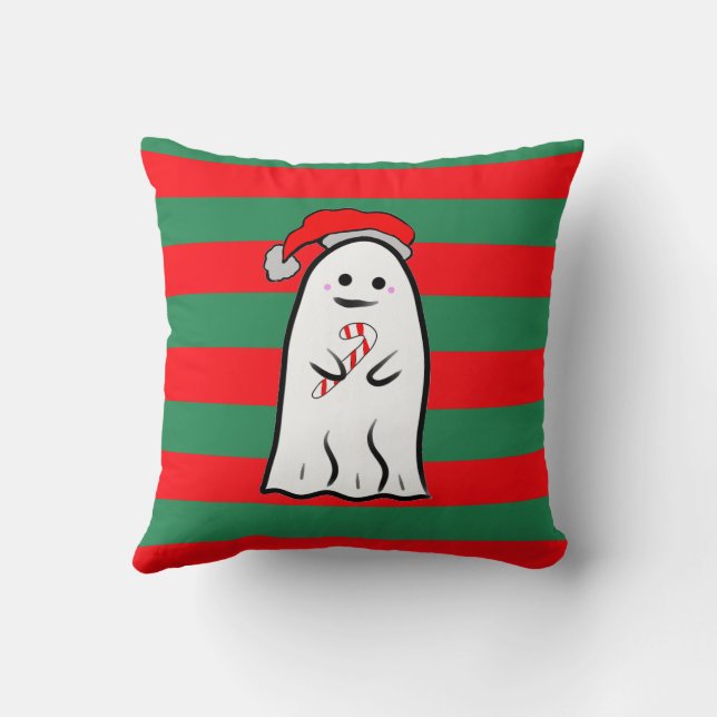 Christmas Ghost on Red and Green Stripes Kussen (Achterkant)