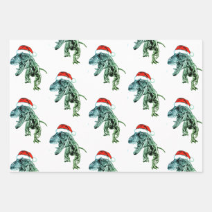 CHRISTMAS GIFT PAPER SET DINOSAURS MET SANTA HAT
