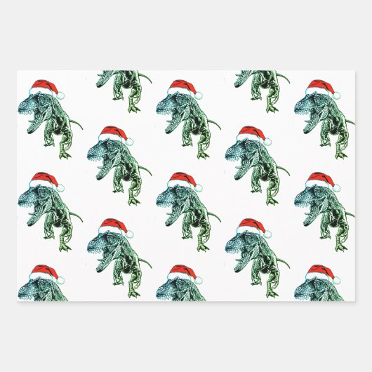 CHRISTMAS GIFT PAPER SET DINOSAURS MET SANTA HAT (Voorkant)