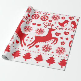 CHRISTMAS GIFT WRAP SCANDINAVIAN REINDEER IN RED CADEAUPAPIER