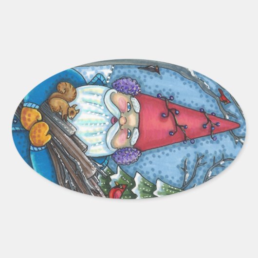 CHRISTMAS GNOME, SQUIRREL, WOODPECKER EN CARDINAL OVALE STICKER (Voorkant)