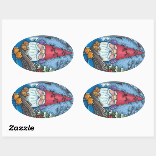 CHRISTMAS GNOME, SQUIRREL, WOODPECKER EN CARDINAL OVALE STICKER (Vel)