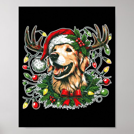Christmas Golden Retriever Antlers Santa Hat Long  Poster (Voorkant)